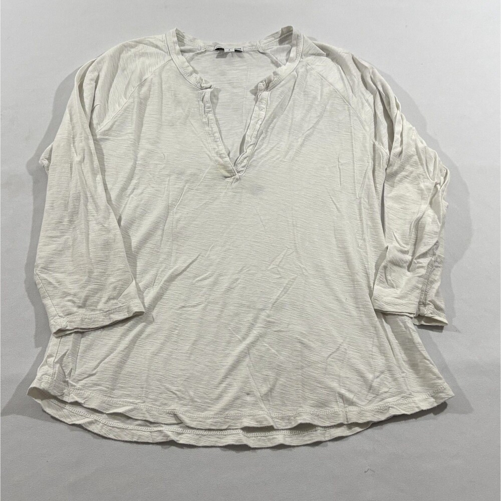 James Perse White Long Sleeve Split V Neck Cotton Tunic Top Shirt Sz XL Stain